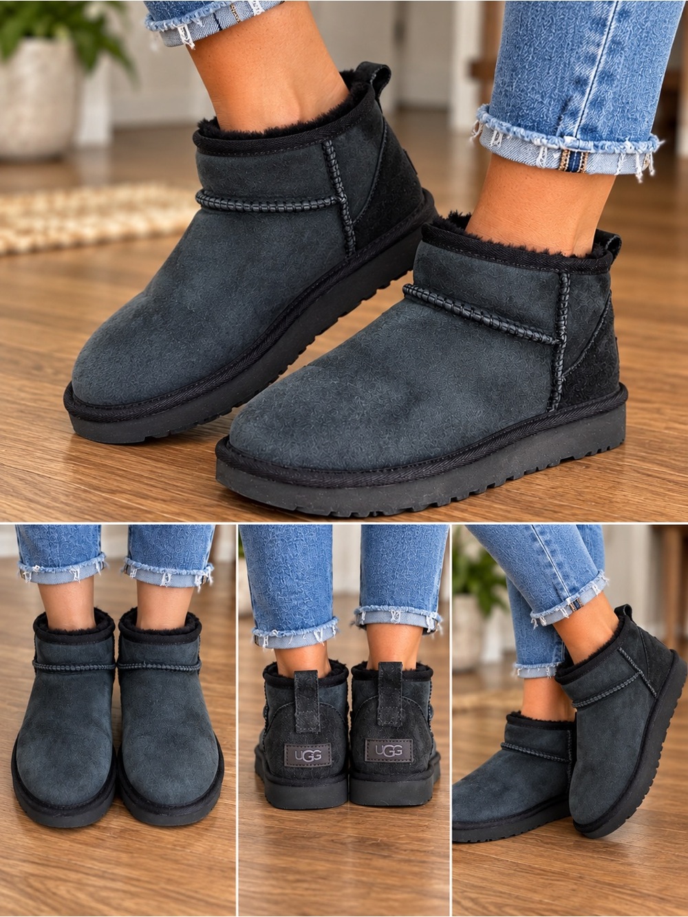 UGG Classic Ultra Mini Black Suede Shearling Boots Women’s Size 6 – Like New